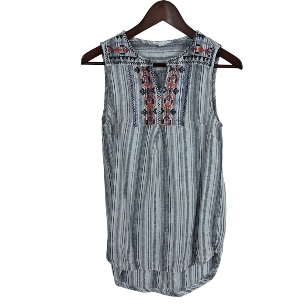 Beachlunchlounge Gray White Striped Boho Embroidered Tank Top Women's XS